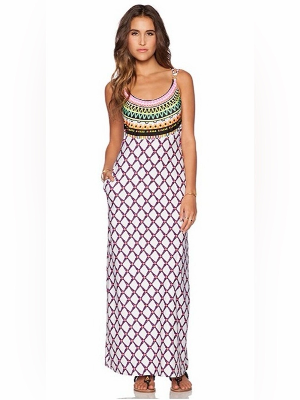 Trina Turk White Maxi Dress with Pink Lattice & Multicolor Embroidered Yoke
